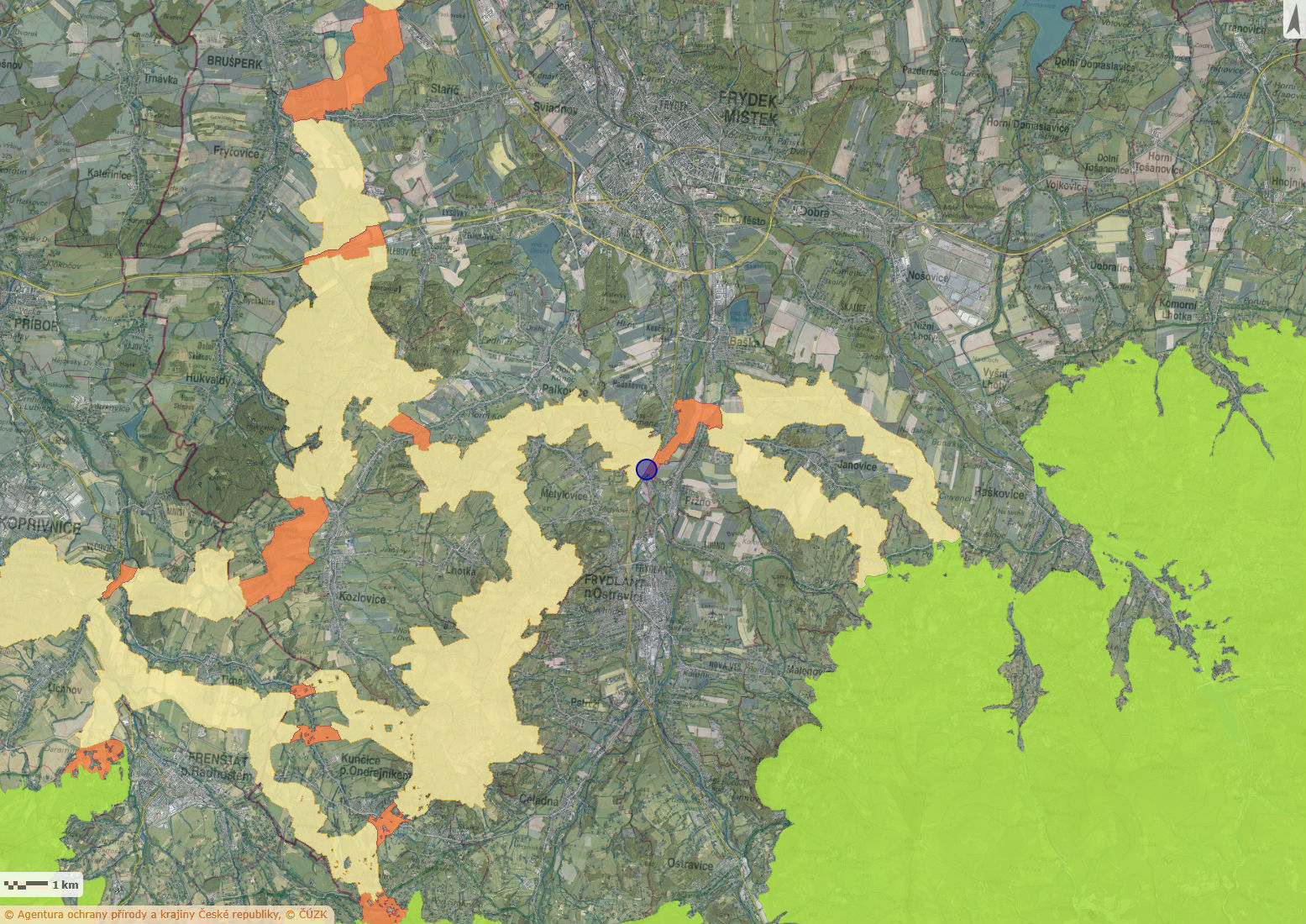 Mapa s místem nálezu sraženého vlka.