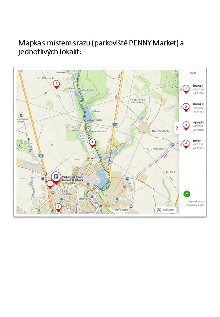 Mapka s místem srazu a jednotlivých lokalit
